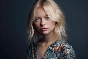 retrato do uma elegante europeu menina com grandes loiro cabelo. estúdio claro. Sombrio fundo. generativo ai foto