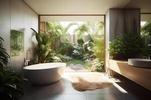 uma banheiro com uma banheira dentro uma tropical ilha hotel cercado de tropical vegetação. generativo ai foto