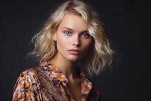 retrato do uma elegante europeu menina com grandes loiro cabelo. estúdio claro. Sombrio fundo. generativo ai foto