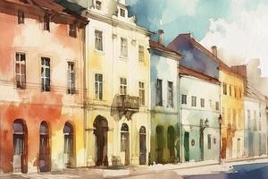 a velho Cidade com fachadas do casas, a cenário é pintado com aquarelas em texturizado papel. foto