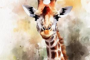 girafa, retrato do a animal olhando em linha reta à frente, aguarela pintura em texturizado papel. digital aguarela pintura foto