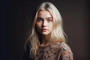 retrato do uma elegante europeu menina com grandes loiro cabelo. estúdio claro. Sombrio fundo. generativo ai foto