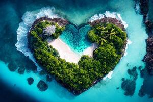 em forma de coração ilha, uma tropical ilha cercado de a mar. tropical paraíso fundo. generativo ai foto