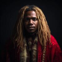 retrato, pele escura homem com grandes cabelo dentro uma vermelho jaqueta, dreadlocks cabelo. Preto fundo. generativo ai foto