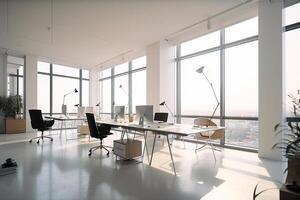 ampla escritório com ampla janelas com natural luz dentro branco cores. o negócio interior. generativo ai foto