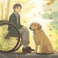 uma Garoto dentro uma cadeira de rodas com dele cachorro amigo. generativo ai foto