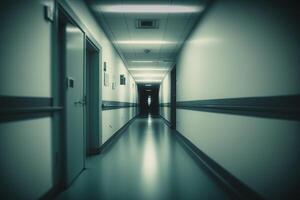 a grandes corredor do a hospital. moderno interior borrado fundo. ai gerado. foto