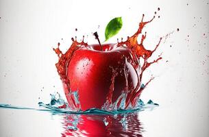 vermelho maçã dentro uma respingo do água. explosão do Claro líquido e gotas em branco fundo. ai gerado. foto