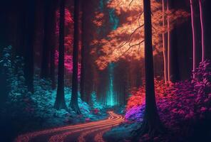 uma conto de fadas floresta, uma surreal, místico panorama. a Sombrio árvores estão iluminado de multicolorido psicodélico néon claro. uma misterioso caminho através a matagal. 3d Renderização. ai gerado. foto