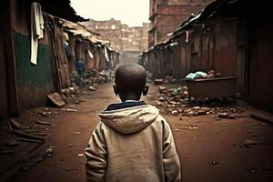 ai gerado com fome Garoto em a favela distrito. costas visualizar. foto