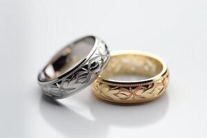 ouro e prata Casamento anel conjunto em branco fundo ai gerado foto