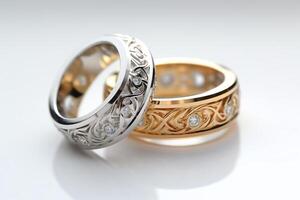 ouro e prata Casamento anel conjunto em branco fundo ai gerado foto