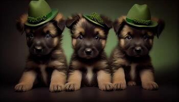 adorável fofa engraçado pastor procriar cachorro cachorros vestindo verde st patrick's dia chapéus. generativo ai foto