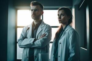 ai generativo retrato do uma jovem casal do médicos dentro branco casacos em pé dentro a escritório foto