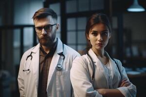 ai generativo retrato do uma jovem casal do médicos dentro branco casacos em pé dentro a escritório foto