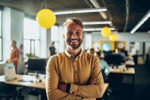 ai generativo retrato do sorridente homem de negocios em pé com braços cruzado dentro criativo escritório. foto