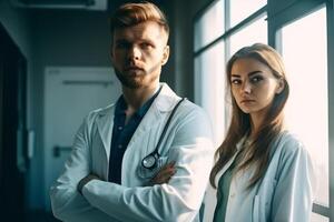 ai generativo retrato do uma jovem casal do médicos dentro branco casacos em pé dentro a escritório foto