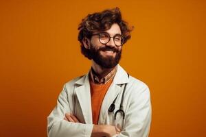 ai generativo sorridente jovem masculino médico com estetoscópio em pé foto