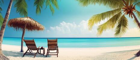 a de praia com Palma árvore e cadeira com ai gerado foto