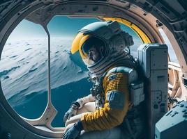 astronauta dentro uma traje espacial e capacete em a fundo do a espaço. foto