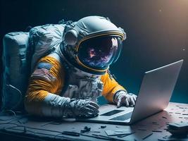 astronauta trabalhando em computador portátil às noite. espaço e tecnologia conceito. foto