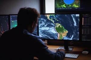 meteorologista monitoramento clima previsão às monitor tela. generativo ai foto