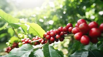 café árvore com vermelho café feijões em café plantação. generativo ai foto