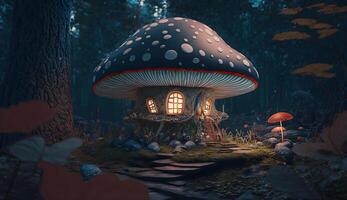 ilustração do venenoso cogumelo casa, anão fada habitação a partir de venenoso cogumelos generativo ai foto