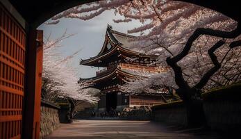 toji portão dentro cereja Flor jardim, japonês jardim panorama .generativo ai foto