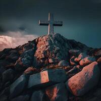 Cruz símbolo em a Rocha colina, cristão símbolo em topo do Rocha generativo ai foto