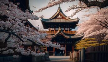 toji portão dentro cereja Flor jardim, japonês jardim panorama .generativo ai foto