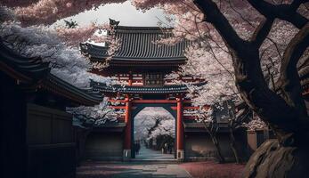 toji portão dentro cereja Flor jardim, japonês jardim panorama .generativo ai foto