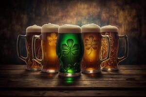cinco Cerveja caneca do verde irlandês Cerveja dentro bar. st. patrick's dia conceito. ai generativo foto