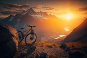 conceito do mundo bicicleta dia em topo do montanha contra fundo do manhã Sol. ai gerado. foto