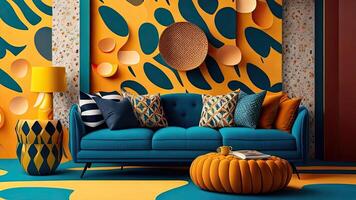 moderno interior do vivo quarto com azul sofá, laranja e amarelo tapete, 3d renderizar. ai gerado foto