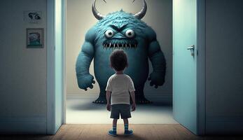 voltado para medos, bravo criança confronta pesadelos e imaginário monstros. generativo ai foto