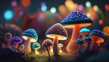 luminoso colorida cogumelos dentro uma psicodélico espaço fantasia. generativo ai foto