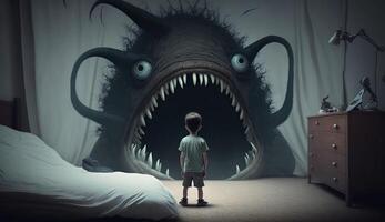 voltado para medos, bravo criança confronta pesadelos e imaginário monstros. generativo ai foto