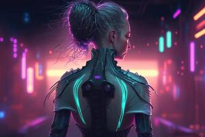 ai gerado futurista ficção científica cyberpunk cyborg mulher com néon luzes foto