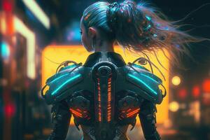 ai gerado futurista ficção científica cyberpunk cyborg mulher com néon luzes foto