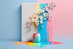 colorida líquido pintura e cereja Flor sobre branco tela de pintura e pintura pode em azul fundo. ai foto