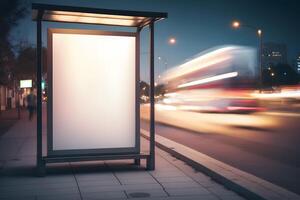 em branco publicidade luz caixa em ônibus parar, brincar do esvaziar de Anúncios Painel publicitário em noite ônibus estação, modelo bandeira em fundo cidade rua para texto. neural rede ai gerado foto