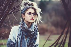 fechar acima retrato do jovem mulher dentro turbante. neural rede ai gerado foto