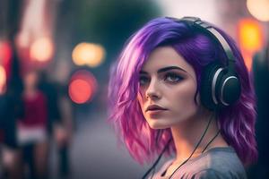 retrato do jovem menina com roxa cabelo ouvindo música com fones de ouvido em cidade rua. neural rede gerado arte foto