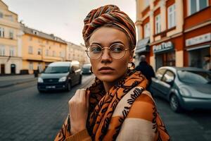 fechar acima retrato do jovem mulher dentro turbante. neural rede ai gerado foto