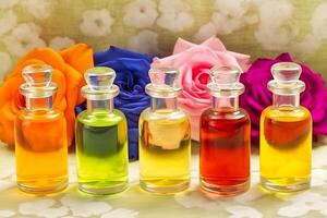 rosa flor e vidro do garrafa essencial óleo ou rosa água com rosa pétalas, spa e aromaterapia Cosmético conceito. neural rede ai gerado foto