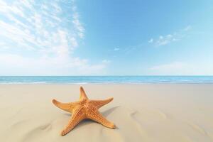 uma estrelas do mar em uma arenoso de praia com a oceano dentro a fundo. ai gerado foto