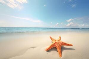 uma estrelas do mar em uma arenoso de praia com a oceano dentro a fundo. ai gerado foto