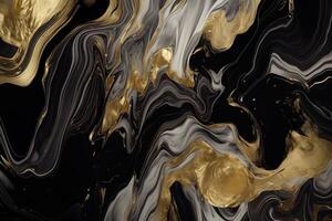 luxo abstrato fundo líquido Preto e ouro mármore textura. ai gerado foto