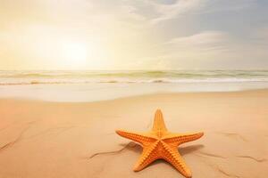 uma estrelas do mar em uma arenoso de praia com a oceano dentro a fundo. ai gerado foto